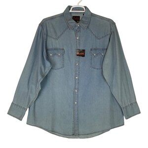 Plains Western Wear Long-Sleeve Denim Shirt XL Sawtooth Pockets Snap Closure